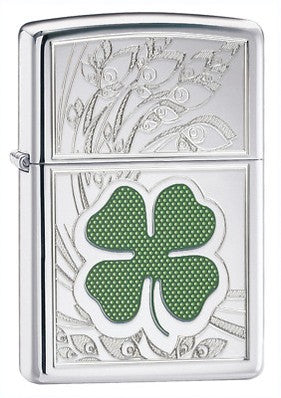 Four Leaf Clover High Polish Chrome Zippo Lighter - Executive Gift Shoppe