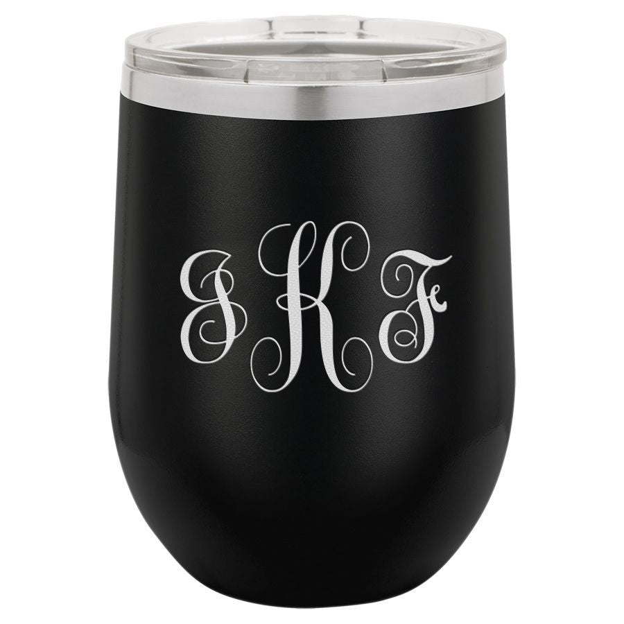 Script Monogram 12 Ounce Black Insulated Stemless Wine Glass