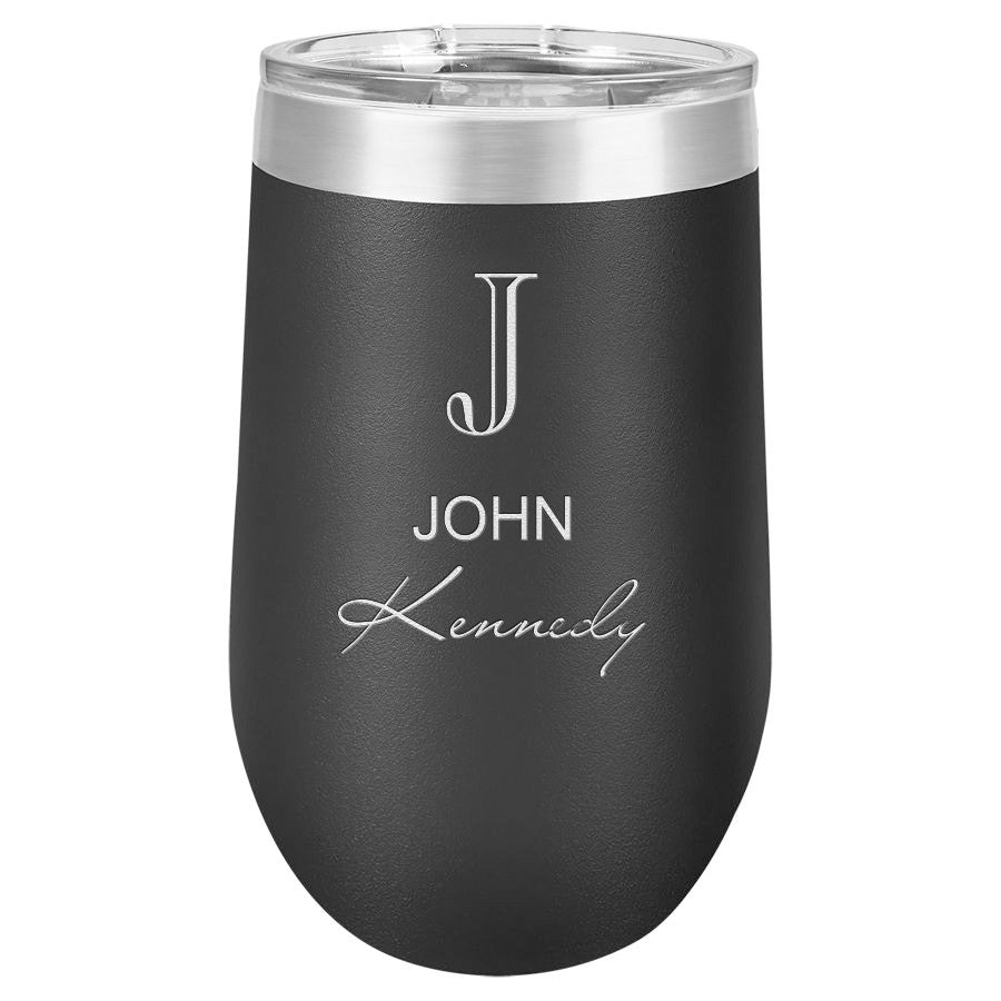 Full Name Monogram 16 Ounce Black Insulated Stemless Wine Glass
