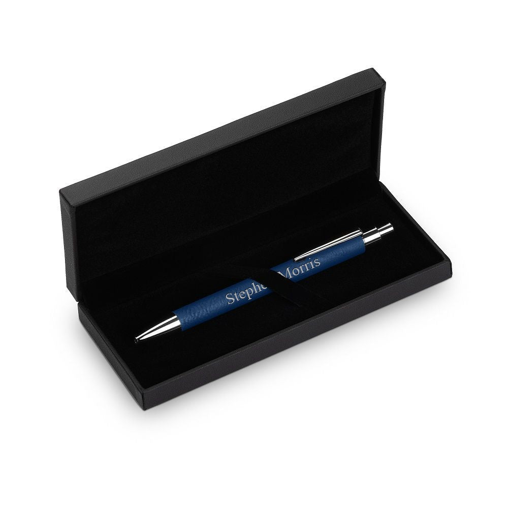 Silver & Blue Leatherette Click Action Ballpoint Pen - Free Personalization