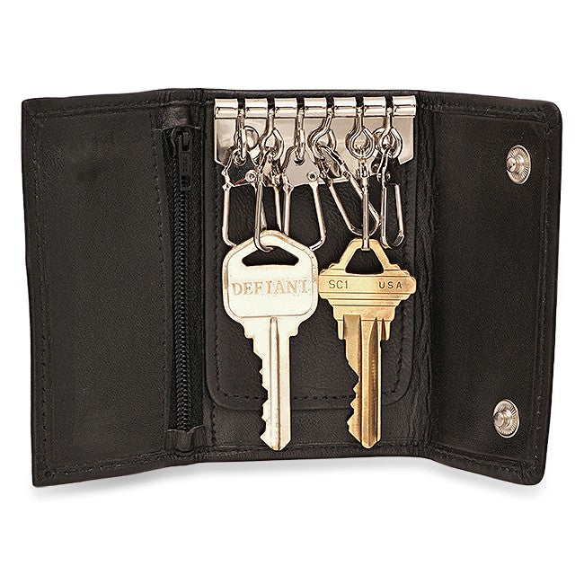 Black Leather Trifold Key Holder Wallet With Dual Change Pouches