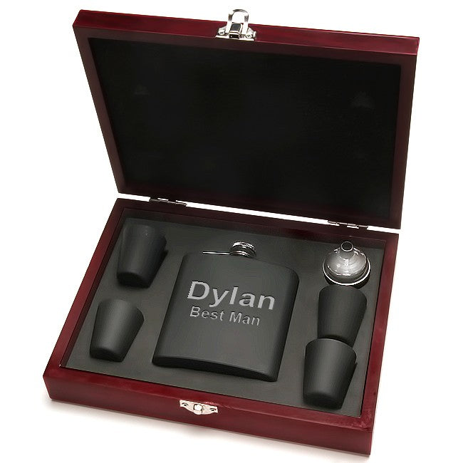 Personalized Black Flask Set with Wooden Box