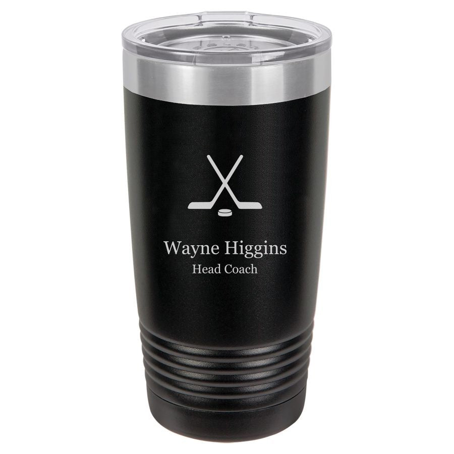 Hockey Themed 20 Ounce Personalized Black Travel Mug