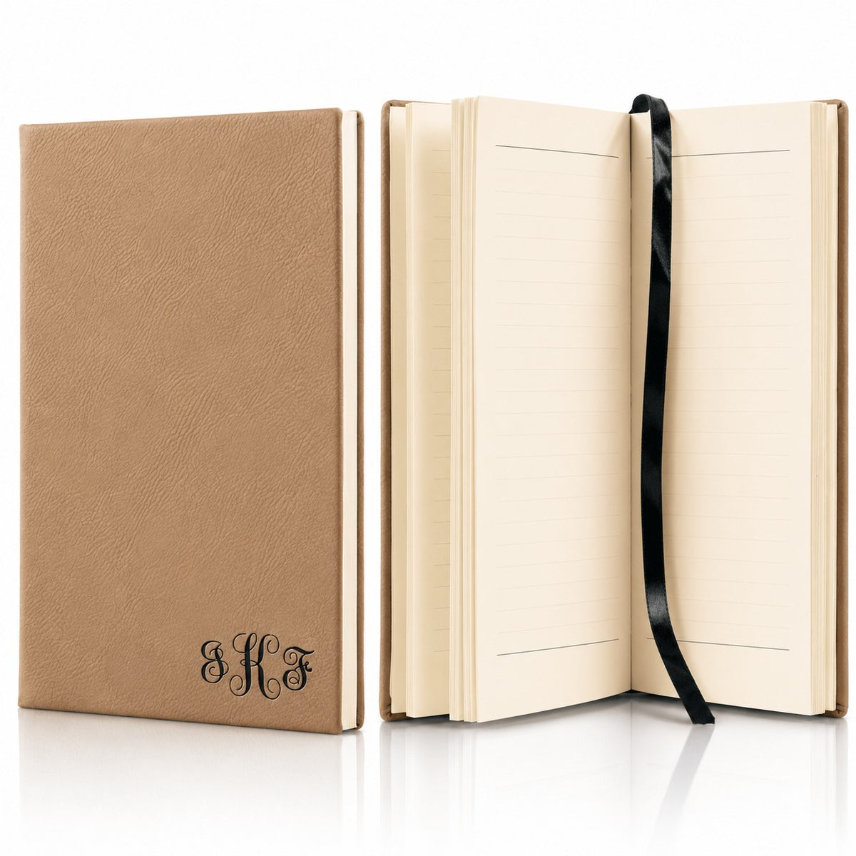Light Brown Journal with Black Satin Bookmark with Script Monogram