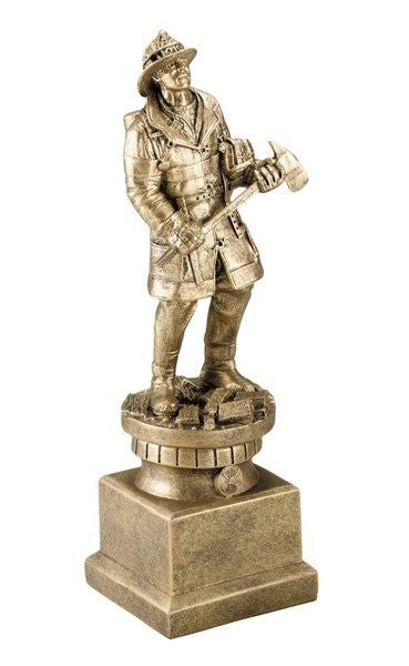 Personalized Antique Gold Tone Resin Firefighter with Axe Sculpture