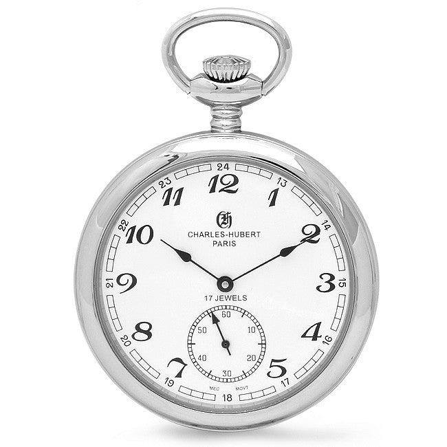 Silver Open Face Charles Hubert Pocket Watch & Chain #3756-WA - Executive Gift Shoppe