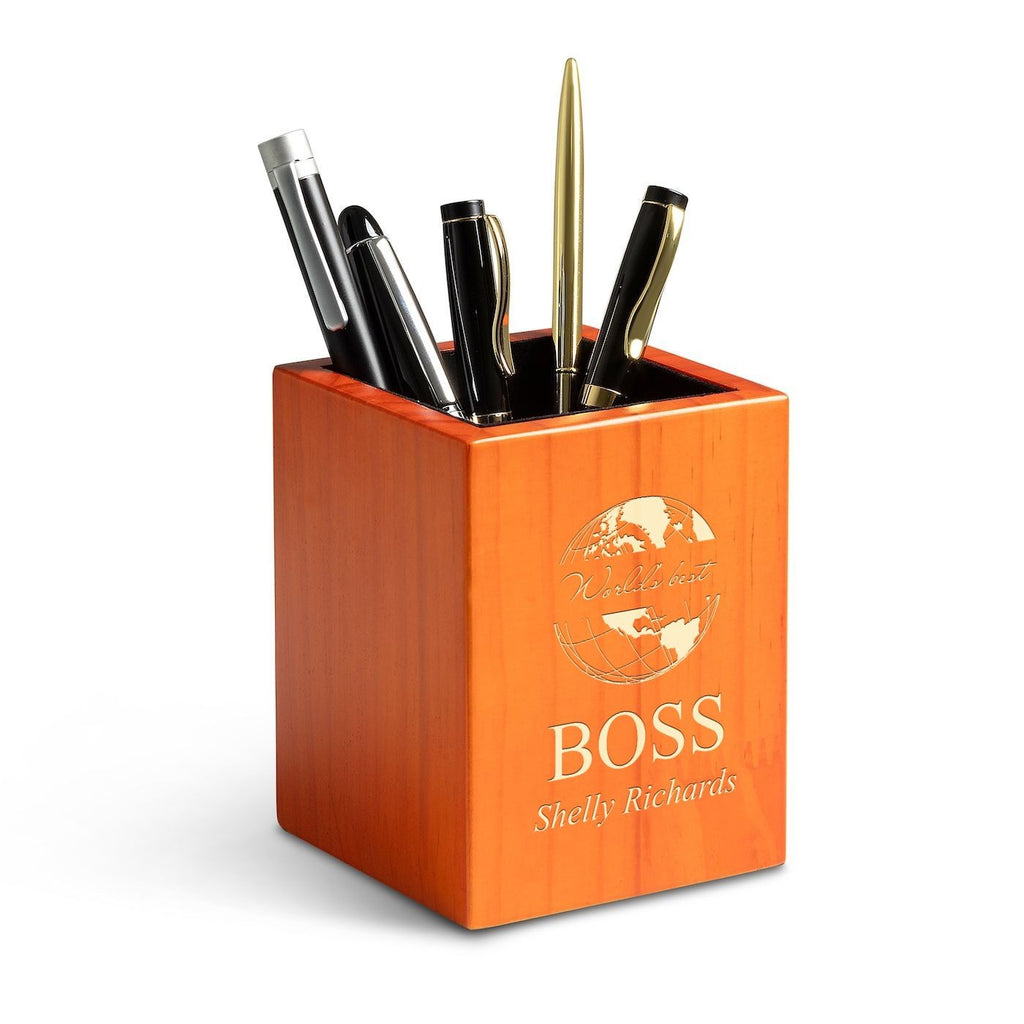 Saddle Finish Wood World's Best Boss Personalized Pen and Pencil Cup