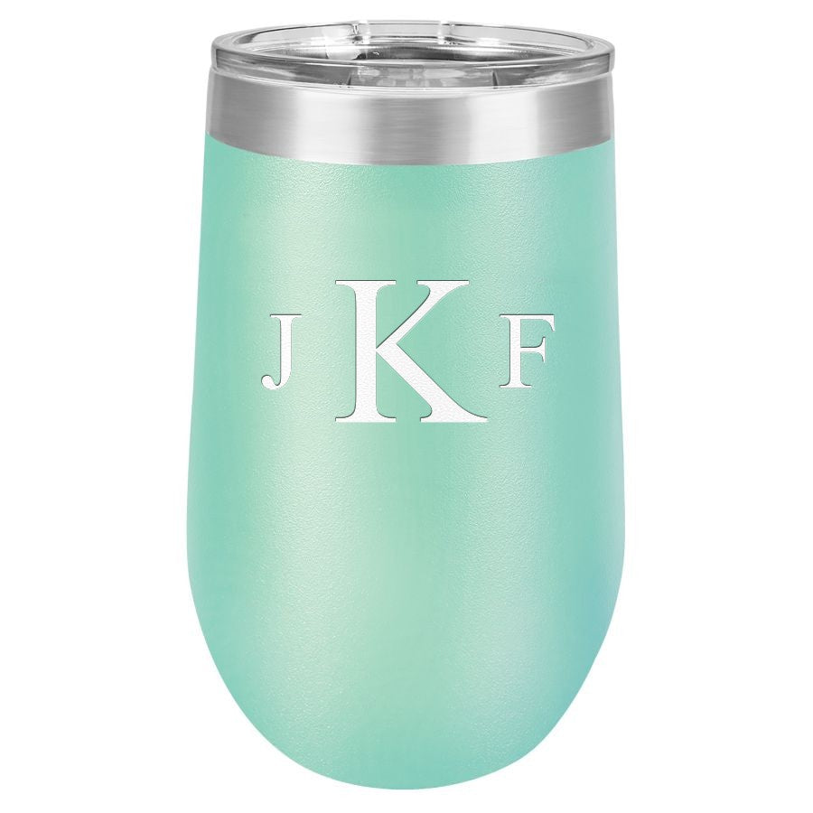 Roman Monogram 16 Ounce Teal Insulated Stemless Wine Glass