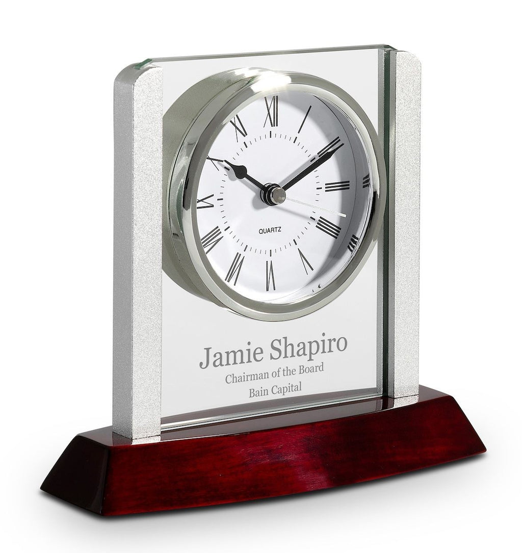 Prestige Collection Personalized Rosewood, Glass & Steel Desktop Clock