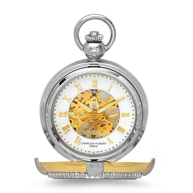 Two Tone Mechanical Charles Hubert Pocket Watch & Chain #3846 - Executive Gift Shoppe