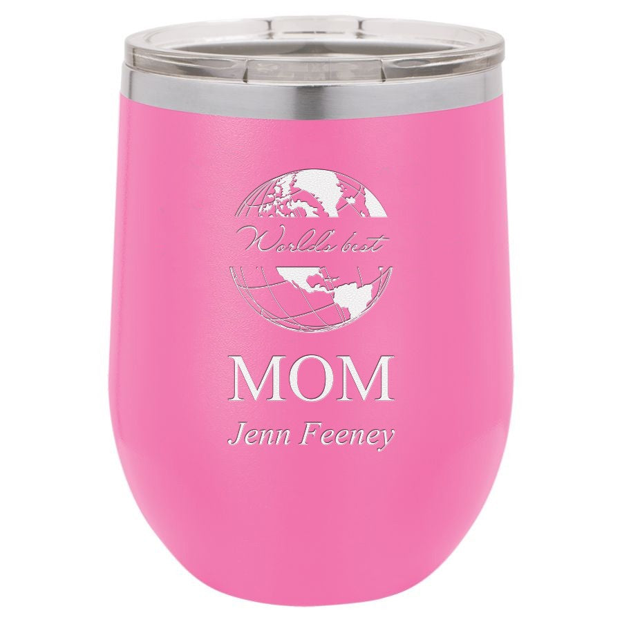 World's Best Mom Personalized 12 Ounce Pink Insulated Stemless Wine Glass