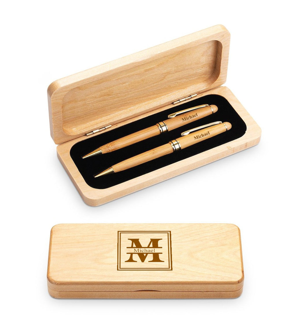 Split Monogram Theme Personalized Elegance Collection Maple Wood Pen & Pencil Set