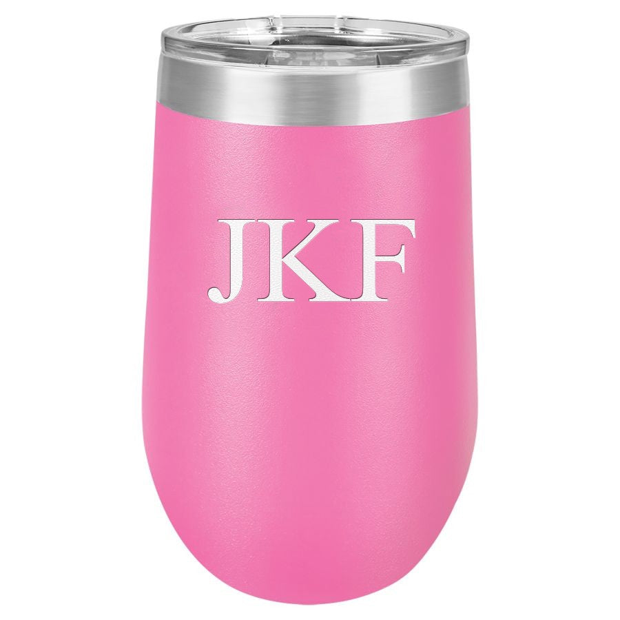 16 Ounce Pink Insulated Stemless Wine Glass with Personalized Initials
