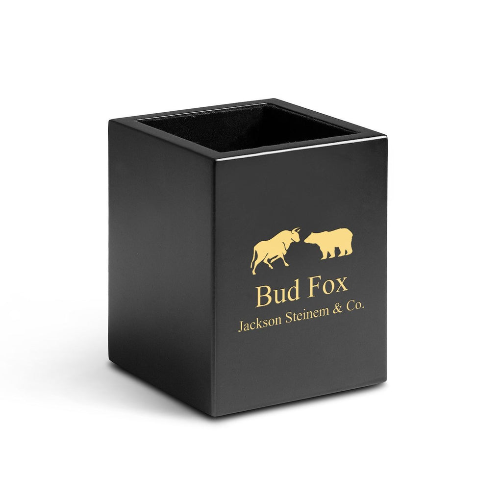 Cherry Finish Wood Wall Street Theme Personalized Pen and Pencil Cup