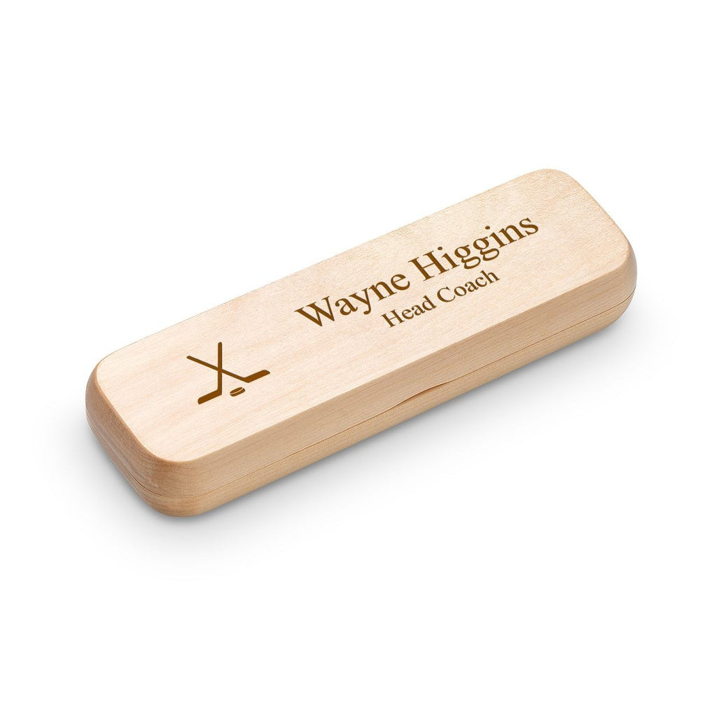 Hockey Theme Laser Engraved Maple Wood Double Pen and Box Set