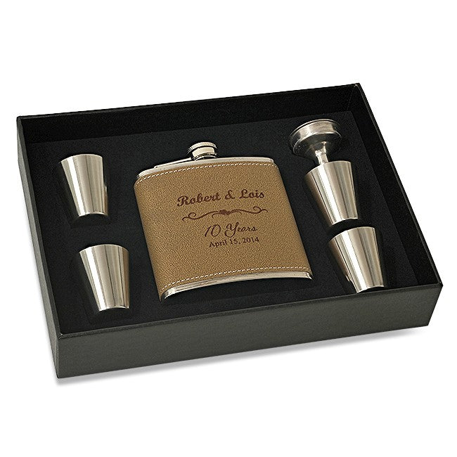 Anniversary Gift Personalized Leather Flask & Shot Cup Set - Executive Gift Shoppe