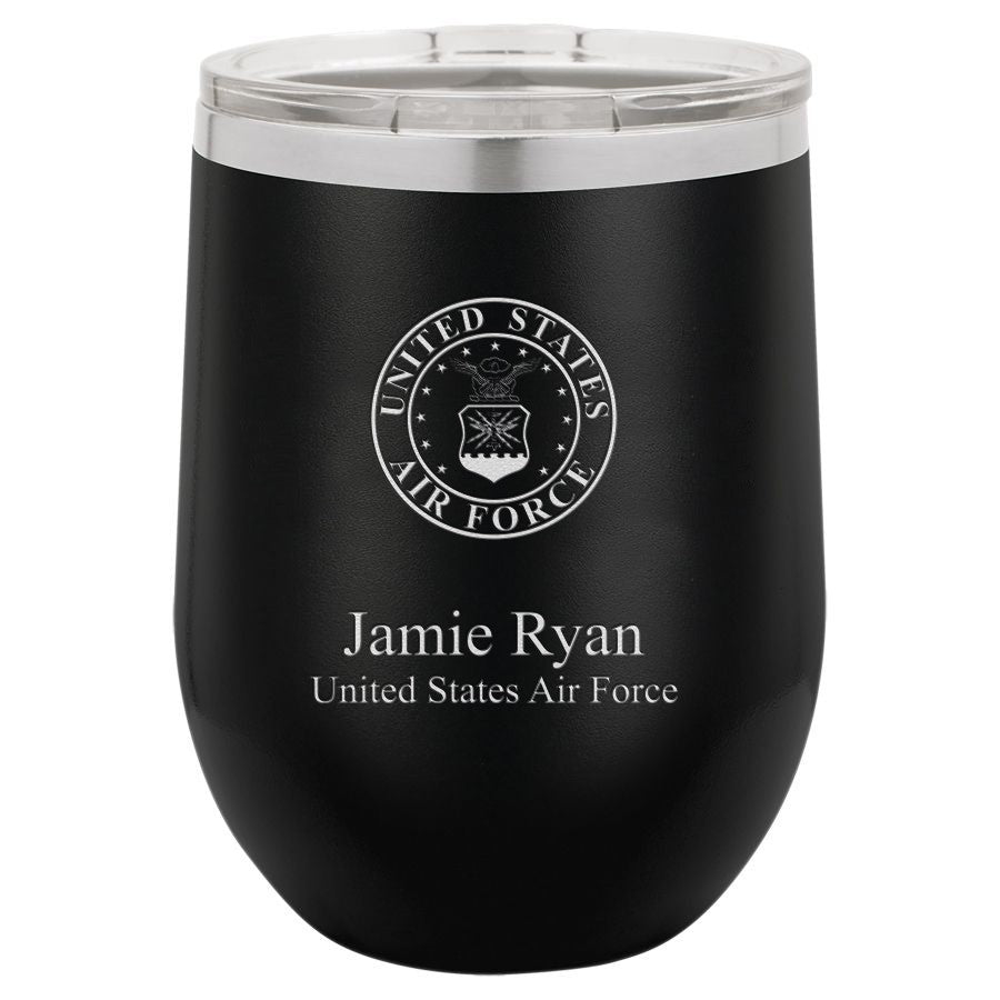 Air Force Emblem 12 Ounce Black Insulated Stemless Wine Glass
