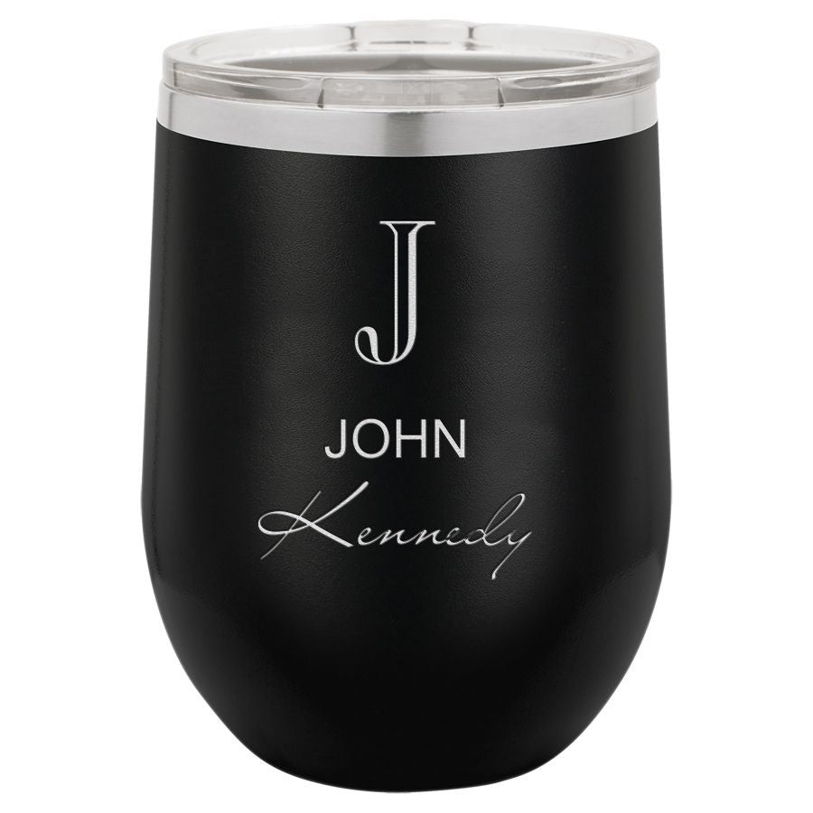 Full Name Monogram 12 Ounce Black Insulated Stemless Wine Glass