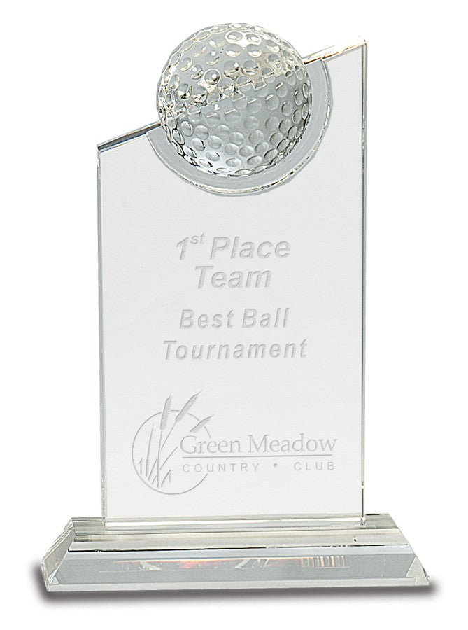 Personalized Glass Plaque & Pedestal With Golf Ball