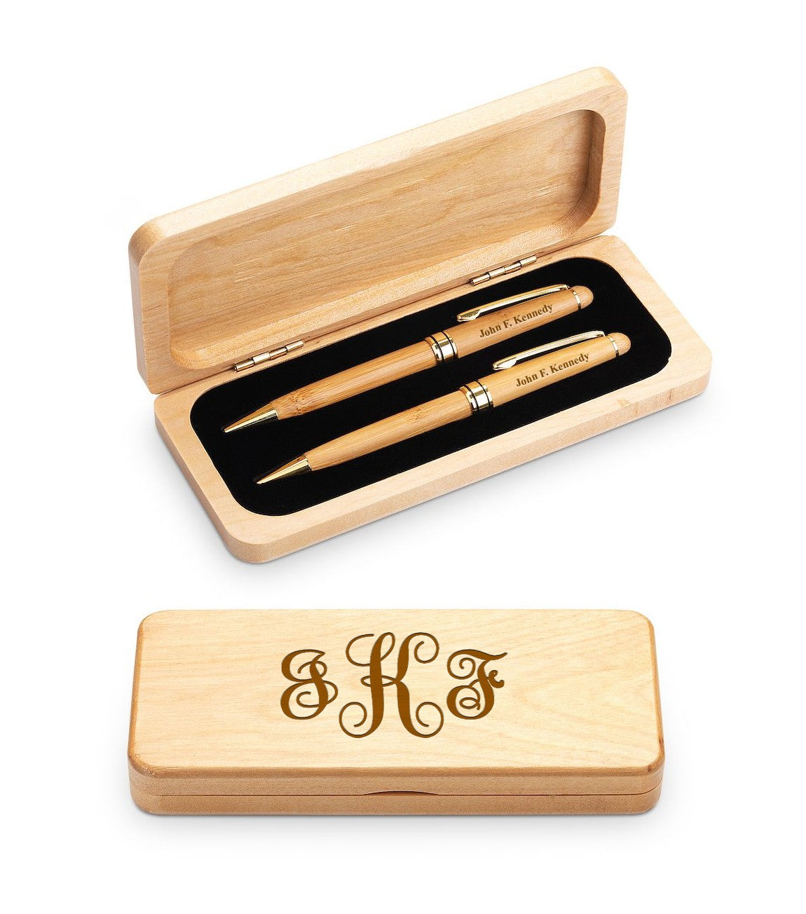 Script Monogram Theme Elegance Collection Maple Wood Pen & Pencil Set