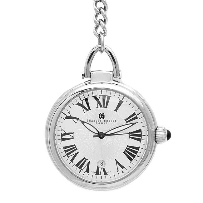 Open Face Silver Quartz Charles Hubert Pocket Watch & Chain #3758 - Executive Gift Shoppe