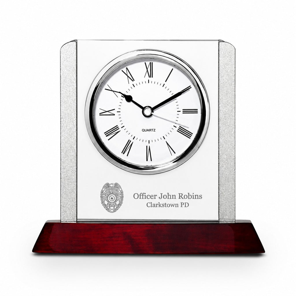 Prestige Collection Police Theme Personalized Rosewood, Glass & Steel Desktop Clock