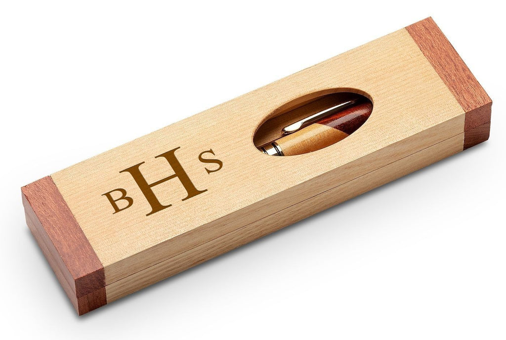 Roman Monogram Theme Personalized Maple & Rosewood Engraved Pen and Box