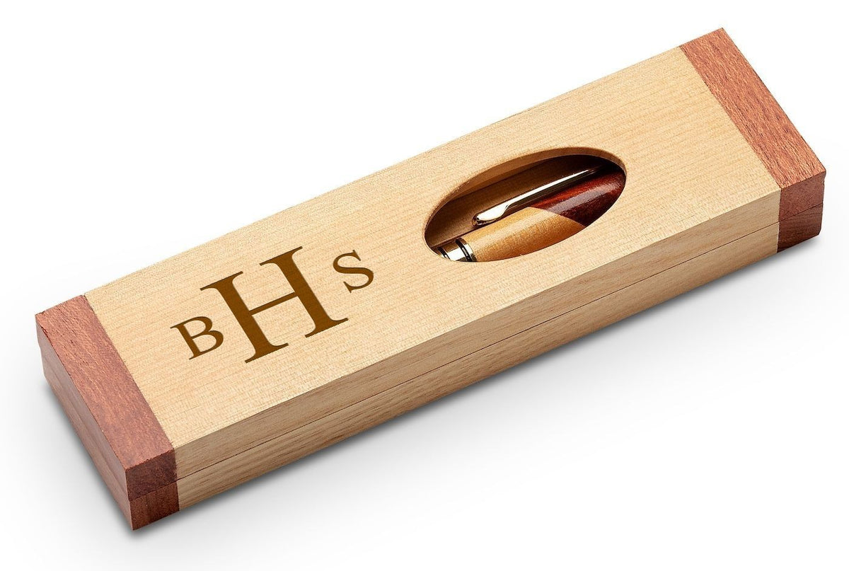 Roman Monogram Theme Personalized Maple & Rosewood Engraved Pen and Box