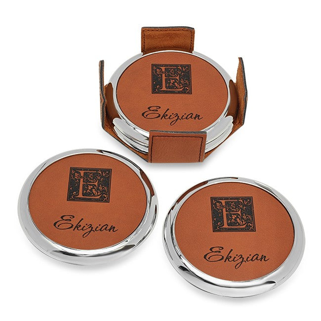 Monogrammed Rawhide And Silver Round Coaster Set
