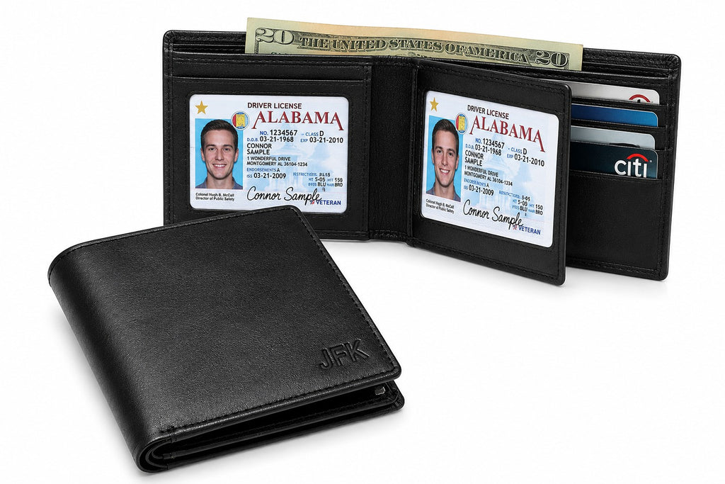 Executive Collection RFID Blocking Black Leather Bifold Wallet with Double ID Holder