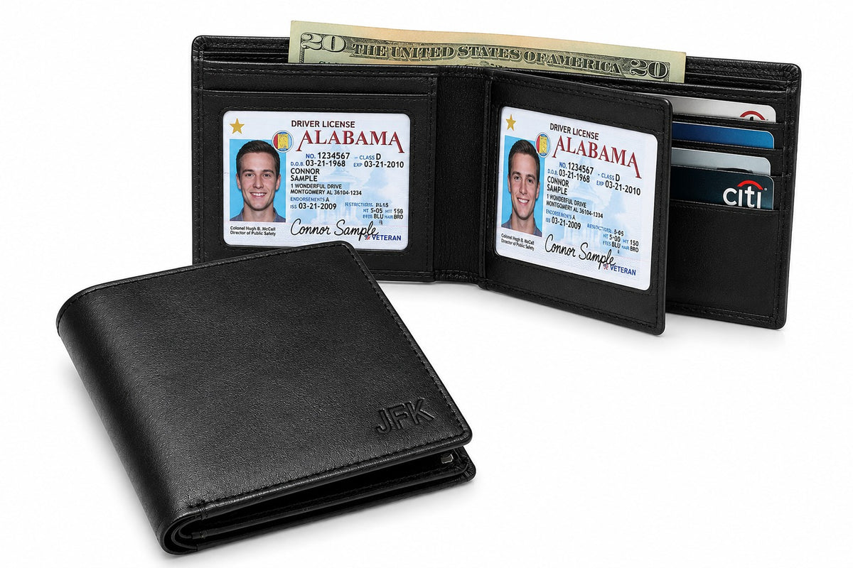 Executive Collection RFID Blocking Black Leather Bifold Wallet with Double ID Holder
