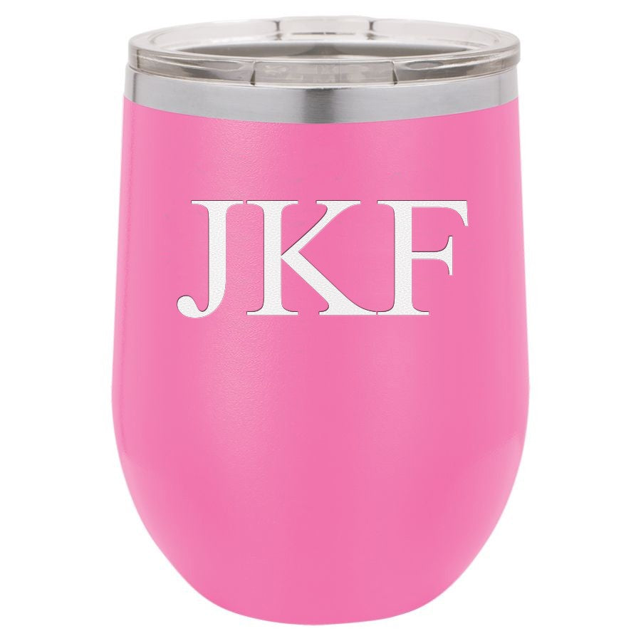 12 Ounce Pink Insulated Stemless Wine Glass with Personalized Initials