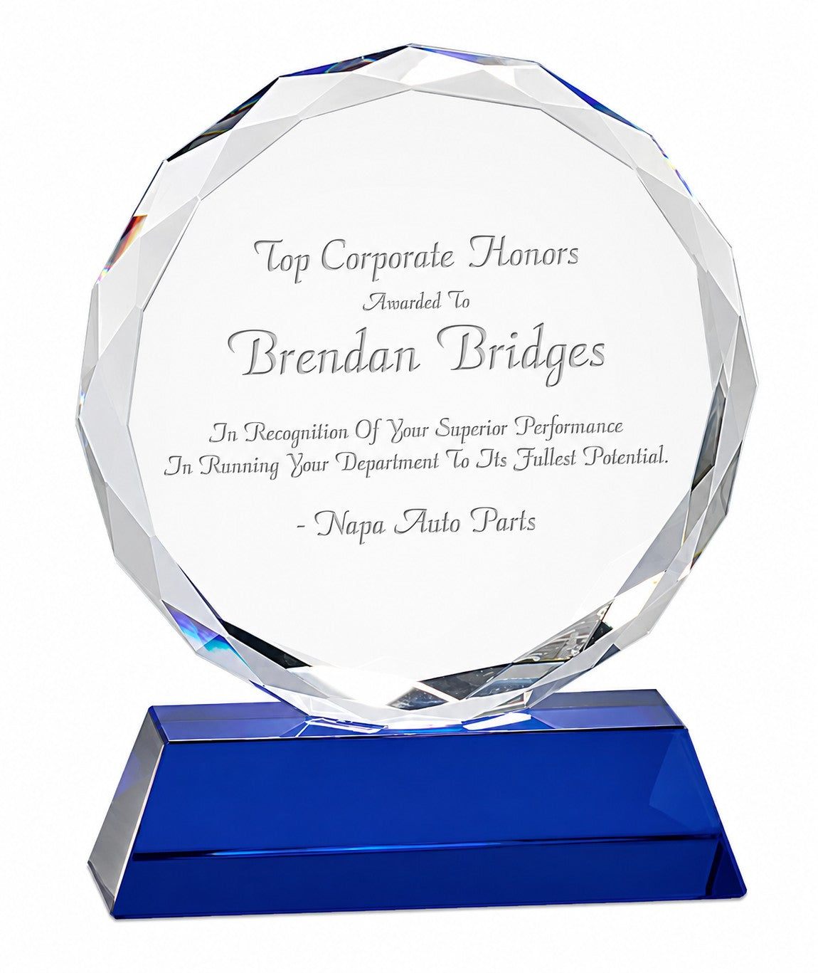 Premier Personalized Round Crystal Award On Blue Crystal Base