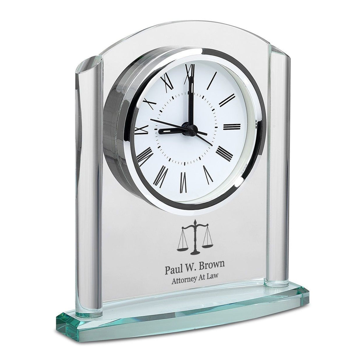 Lawyer Arched Glass Personalized Desk Clock with Silver Finish Accents
