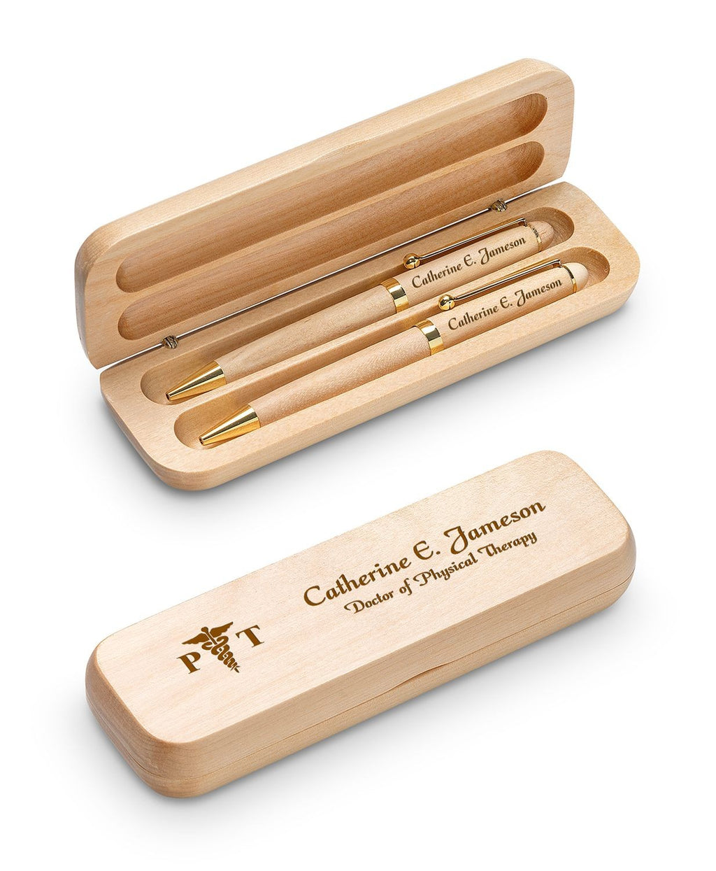 Physical Therapist Theme Maple Wood Double Pen and Box Set