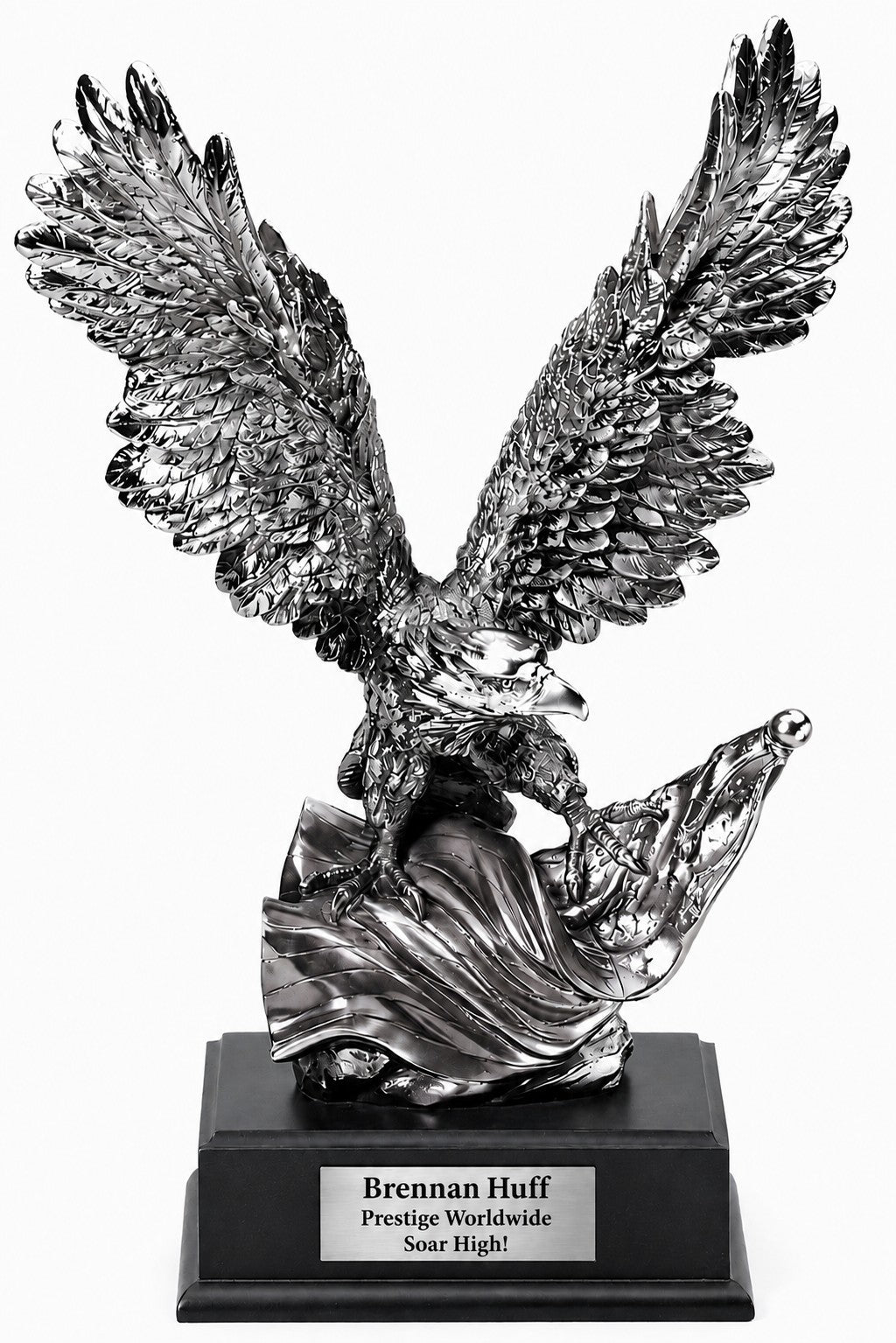 Personalized Silver Soaring Eagle & Flag on Black Podium Base