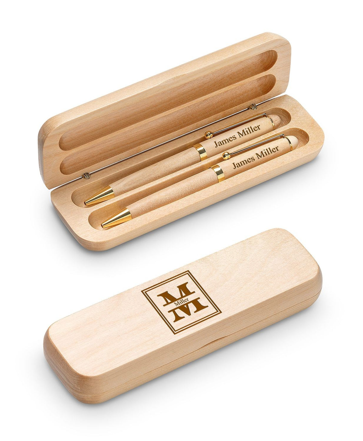 Split Monogram Theme Personalized Maple Wood Double Pen and Box Set