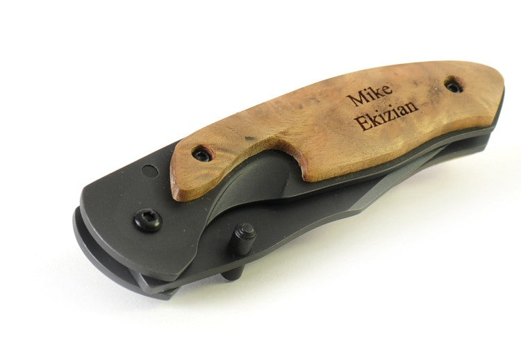 Personalized Wood & Steel Lockblade Knife with Belt Clip - Executive Gift Shoppe