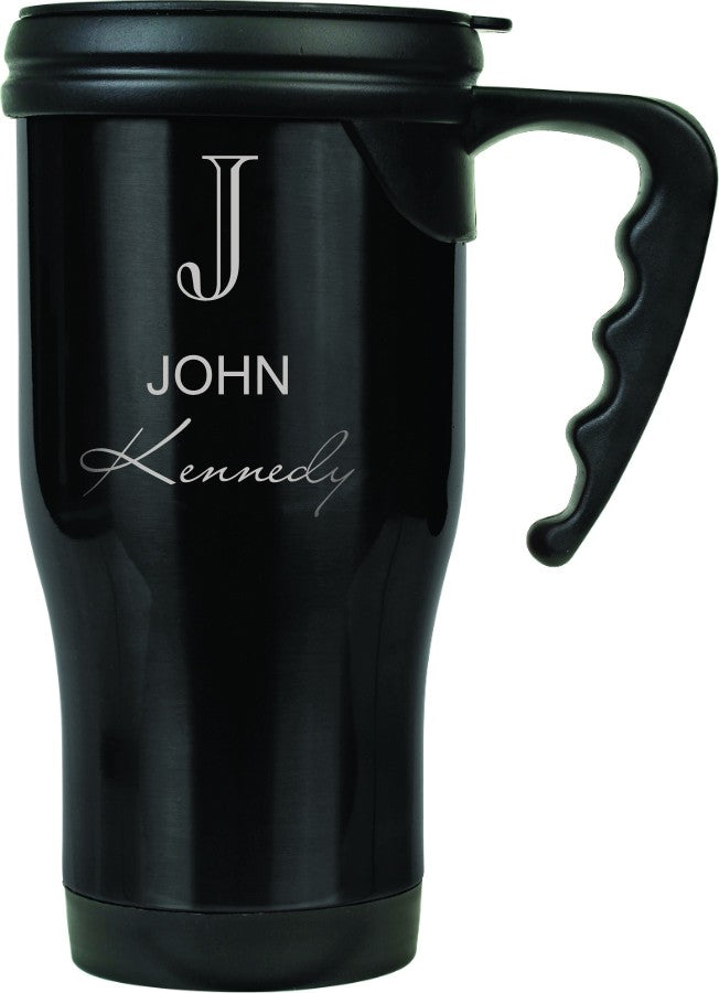 Full Name Monogram Black Travel Coffee Mug With Handle