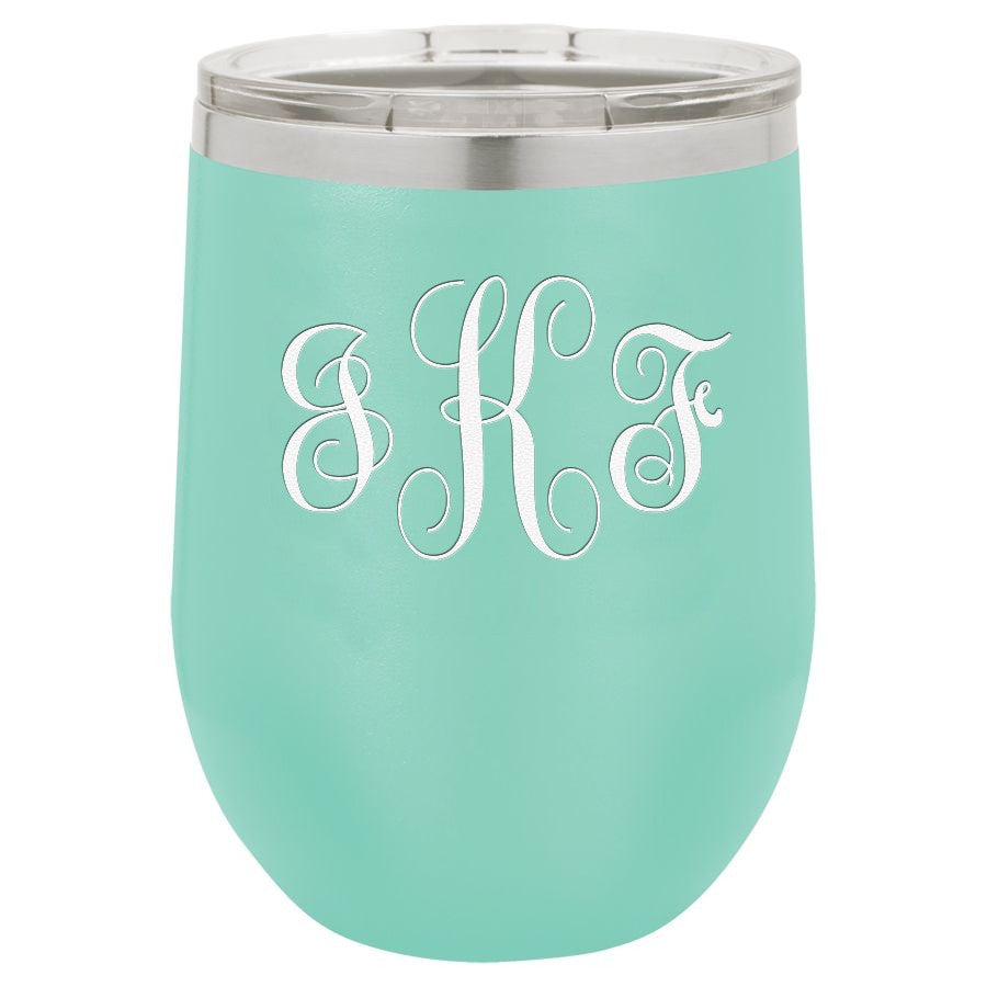 Script Monogram 12 Ounce Teal Insulated Stemless Wine Glass
