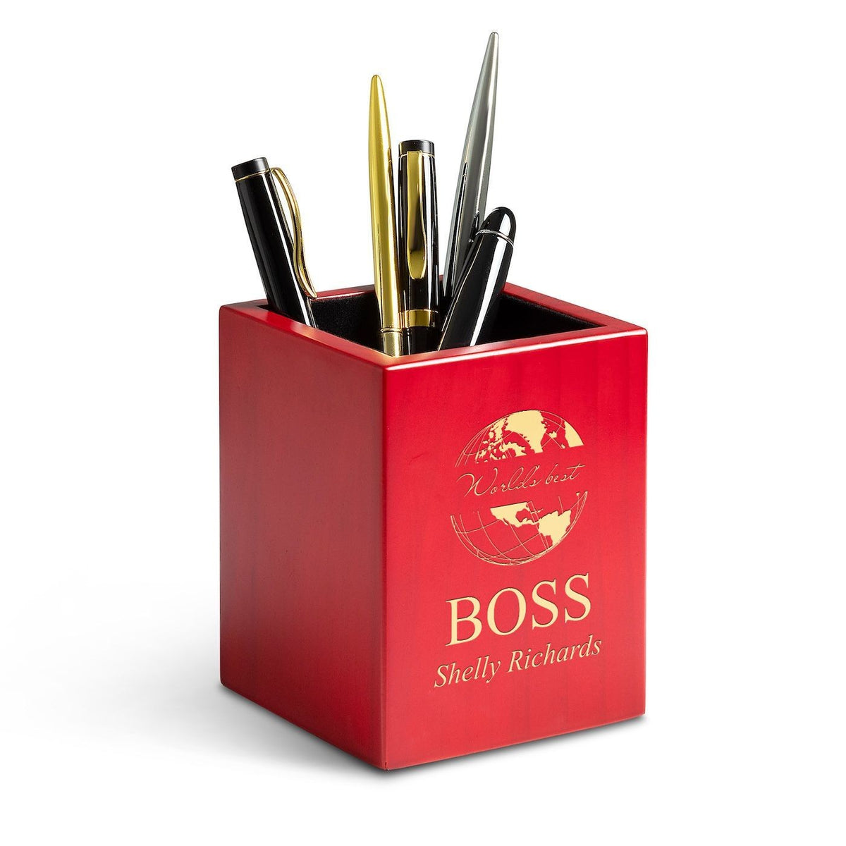 Rose Finished Wood World's Best Boss Personalized Pen and Pencil Cup