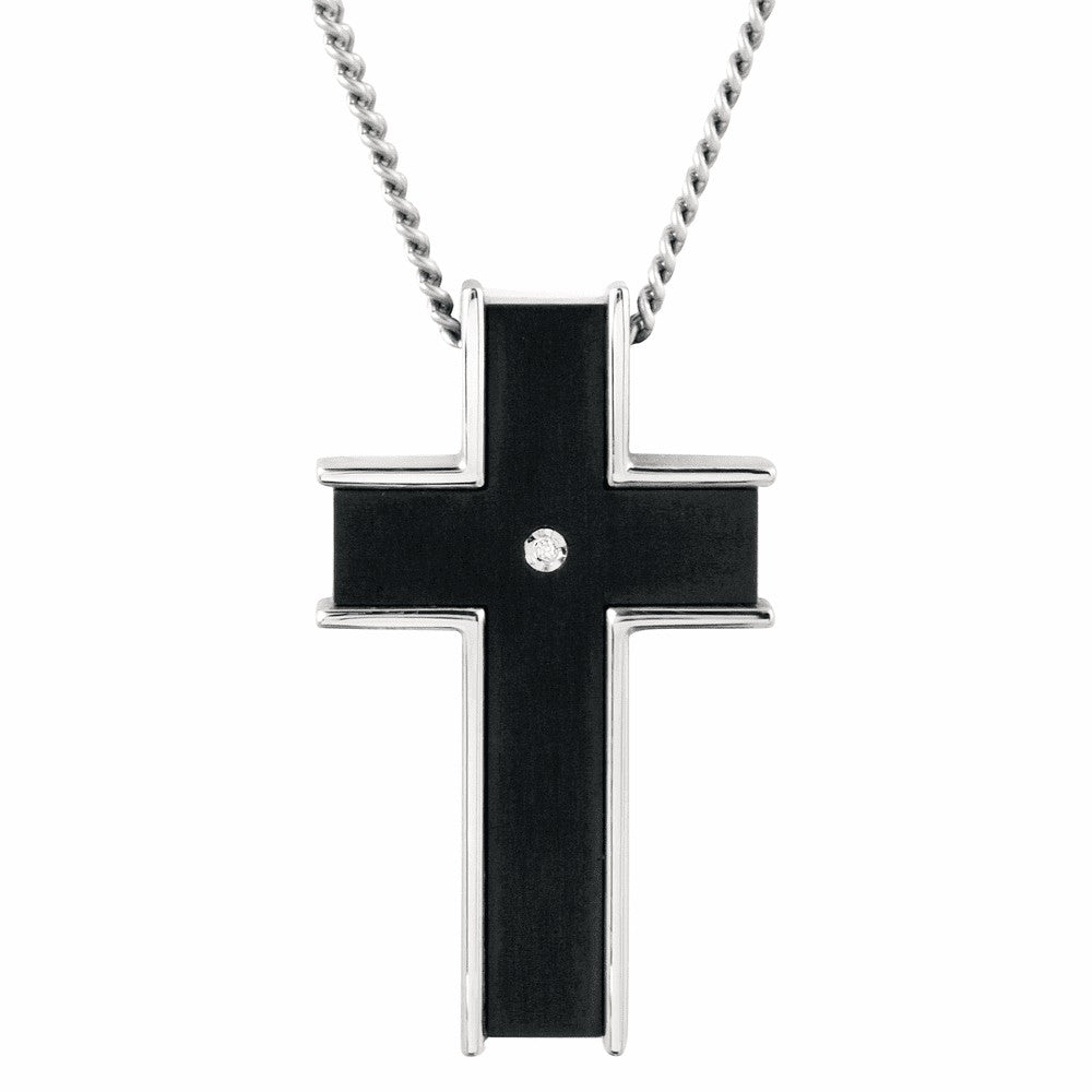 Black Titanium Cross Pendant with Inlaid Diamond & Chain
