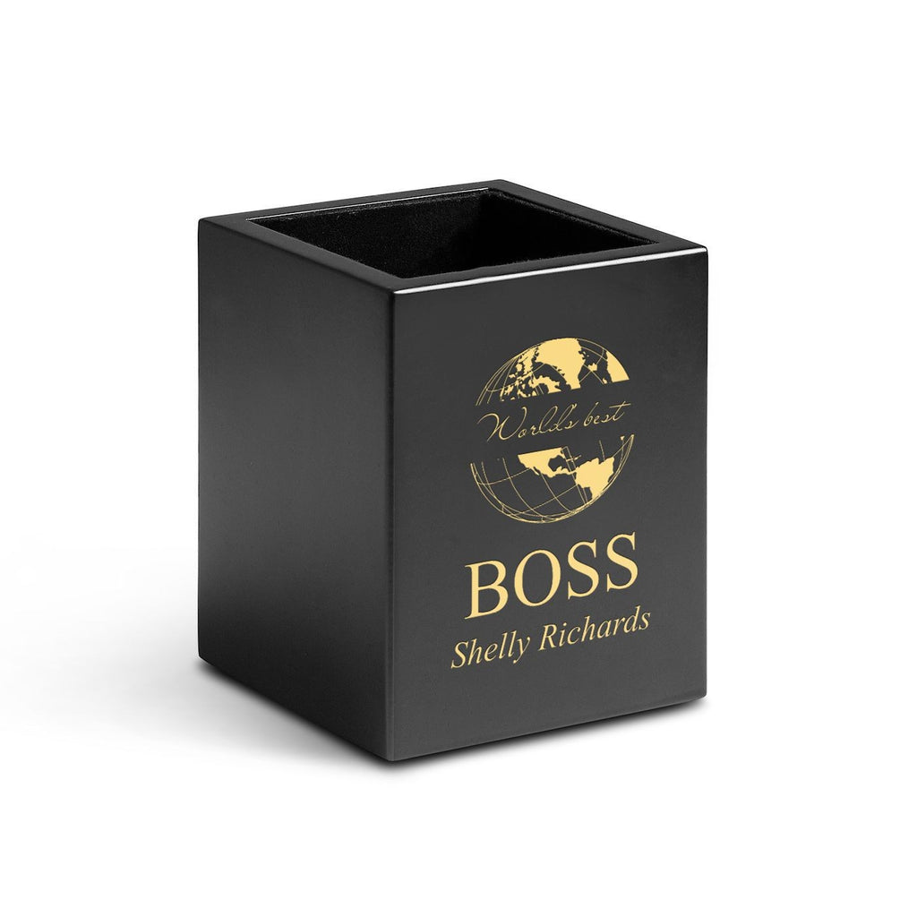 Cherry Finish Wood World's Best Boss Personalized Pen and Pencil Cup
