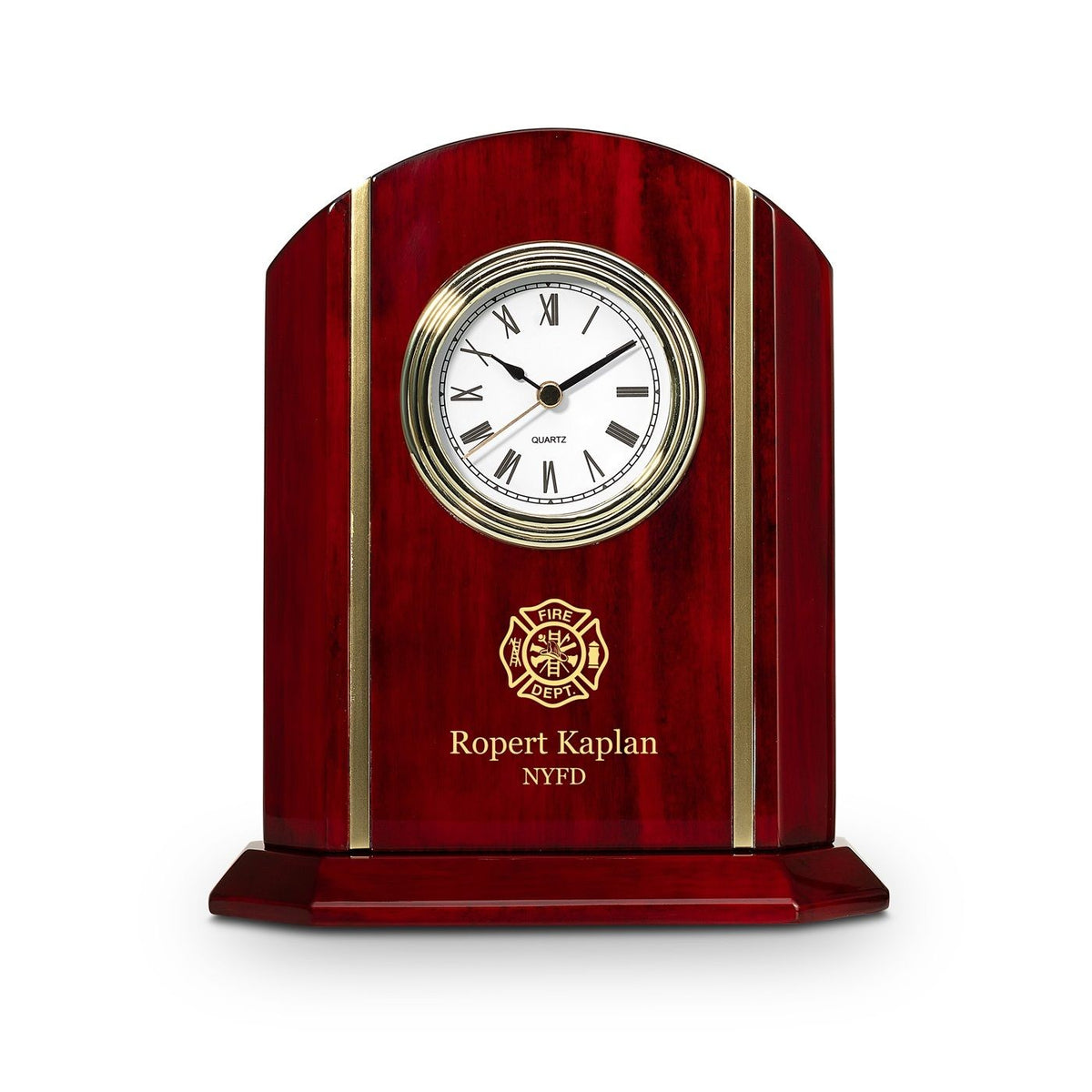 Elite Collection Firefighter Theme Personalized Rosewood Desk Clock With Gold Accents