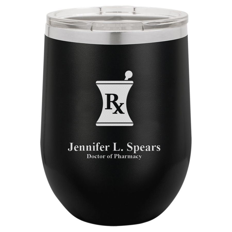Pharmacist Emblem 12 Ounce Black Insulated Stemless Wine Glass