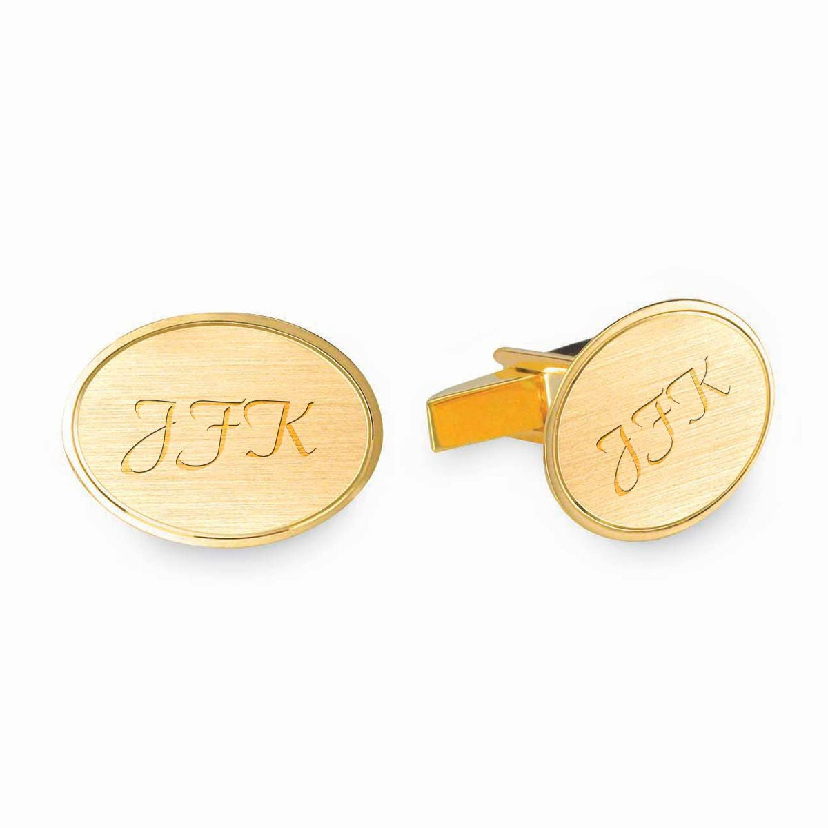 Satin Finish Oval Engraved 14K Gold Cufflinks with Polished Border