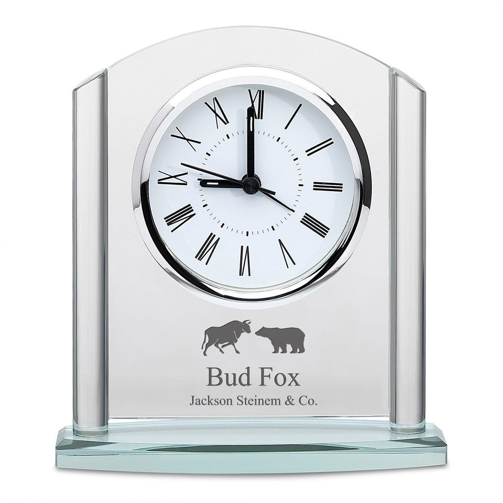 Bull & Bear Arched Glass Personalized Desk Clock with Silver Finish Accents