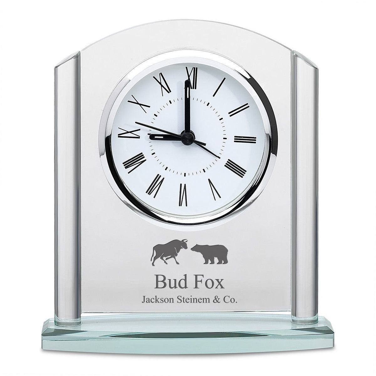 Bull & Bear Arched Glass Personalized Desk Clock with Silver Finish Accents