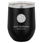 Soccer Themed 12 Ounce Black Personalized Stemless Wine Glass