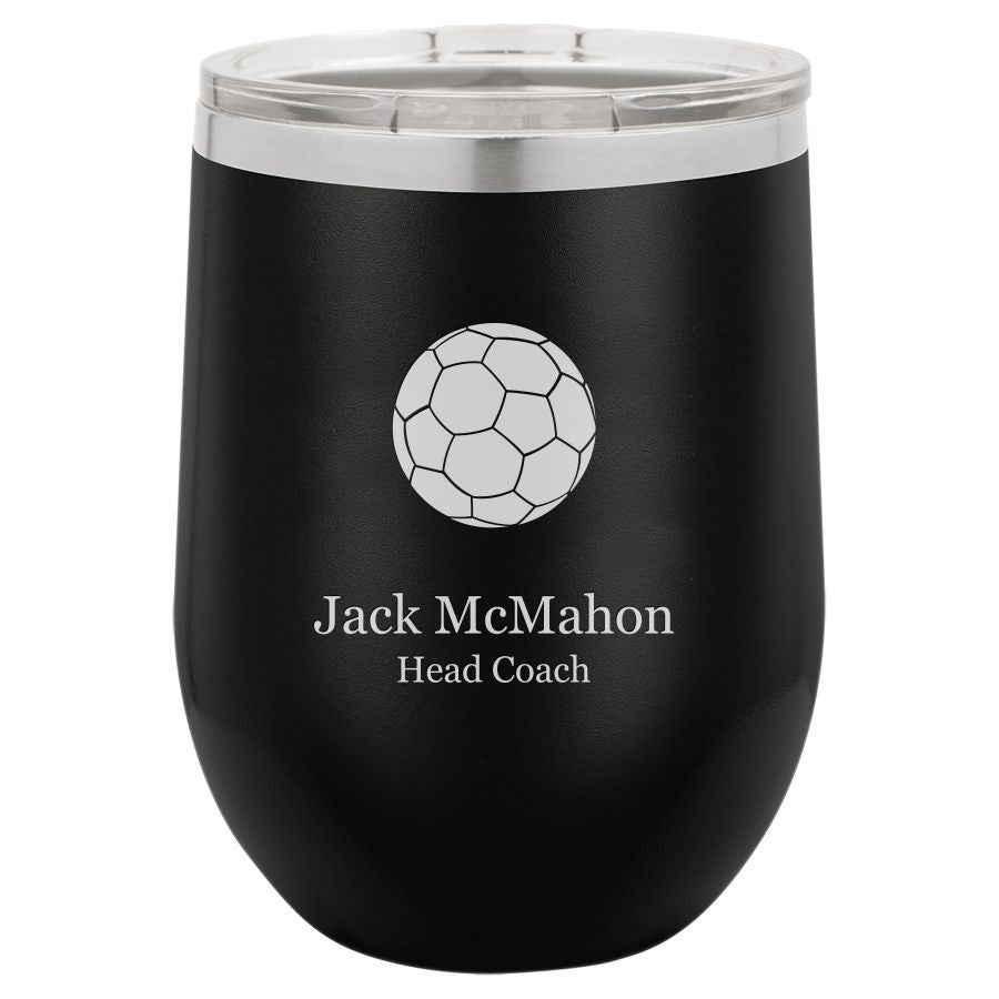 Soccer Themed 12 Ounce Black Personalized Stemless Wine Glass